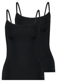 Two black camisoles with thin adjustable straps, made from smooth material, featuring a fitted design and subtle logo detail at the hem.