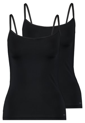 Two black camisoles with thin adjustable straps, made from smooth material, featuring a fitted design and subtle logo detail at the hem.