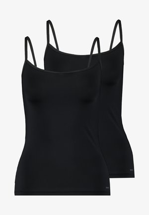 Deux débardeurs noirs avec des bretelles fines et réglables, en matériau lisse, présentant un design ajusté et un détail de logo discret en bas.