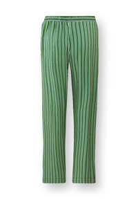 Groene en witte gestreepte broek van lichtgewicht stof. Voorzien van een elastische tailleband en een recht model. Zachte textuur.