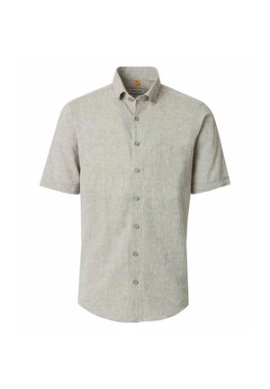 Hellgraues Kurzarmhemd mit Brusttasche und knöpfbarem Kragen, auf weißem Hintergrund dargestellt.