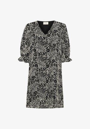 Musta kleit, millel on V-kaelus ja puhv-särgid, kaunistatud valge abstraktse lehe mustriga. Materjal näeb välja kerge ja tekstureeritud.