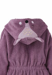 Purple fleece robe featuring a hood with a playful animal face design, embroidered accents, and a cinched waist for adjustable fit.