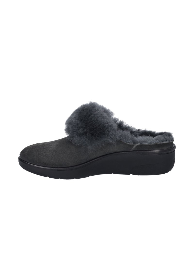 Grey suede slip-on slipper with a faux fur upper, molded black rubber sole, and rounded toe design. Soft texture with no visible hardware.
