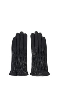 Sorte læderhandsker med en glat tekstur, der har et samlet håndled design og fem forlængede fingre for en tætsiddende pasform.