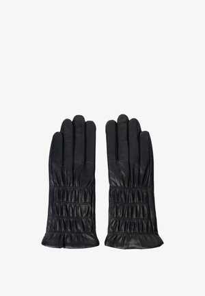 Guantes de cuero negro con una textura suave, que presentan un diseño de muñeca fruncida y cinco dedos alargados para un ajuste ceñido.