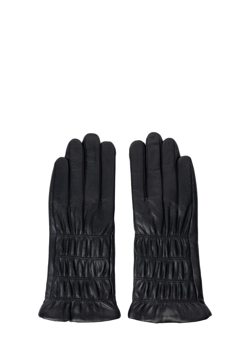 Sorte læderhandsker med en glat tekstur, der har et samlet håndled design og fem forlængede fingre for en tætsiddende pasform.