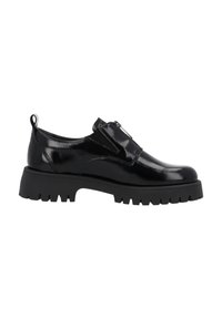 Chaussure à enfiler en cuir noir brillant avec une semelle épaisse à rainures et un détail de fermeture éclair sur le dessus, vue de côté sur un fond blanc.