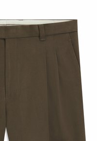Brown trousers with a smooth texture, featuring front pleats, a waistband with a belt loop, and side pockets.