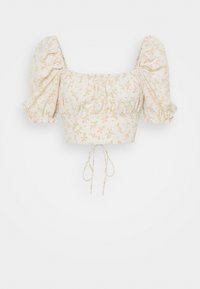 Top cropped floral com mangas bufantes, feito de tecido leve. Apresenta um decote quadrado e detalhe de laço na barra, com padrões em rosa pastel e verde.