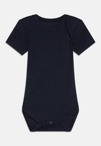 Mörkblå kortärmad bodysuit i ribbat tyg. Har rund halsringning och tryckknappar i botten för enkel påklädning.