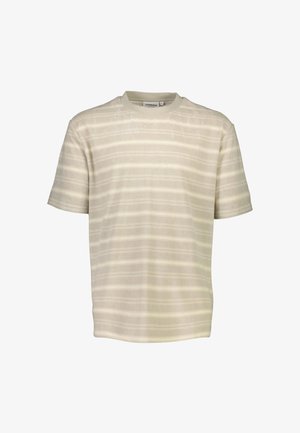 Hellbeige T-Shirt mit dezenten horizontalen Streifen, Rundhalsausschnitt, kurzen Ärmeln und glatter Textur. Einfaches, minimalistisches Design.