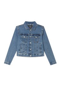 Lichtblauwe spijkerjack met lange mouwen, klassieke kraag, twee borstzakken aan de voorkant met kleppen en zilveren knoopsluitingen.