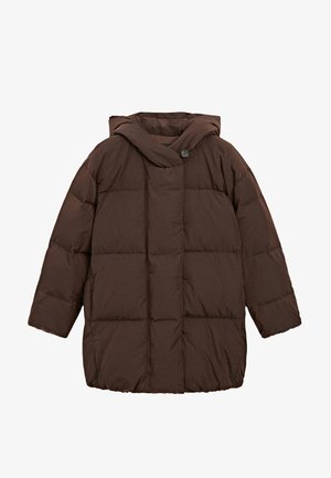 Brun puffjacka med huva, med en quiltad design, oversize-silhuett, knappstängning fram och mjuk textur.