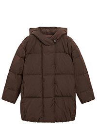 Brown puffer coat with a hood, featuring a quilted design, oversized silhouette, front button closure, and soft texture.