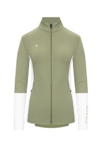 Jacka med dragkedja och långa ärmar i olivgrön och vit, har hög krage, slim fit och logotypdetalj på ärmen. Slät tygtextur.