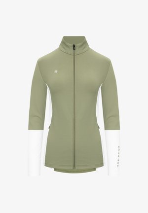 Bordeaux lange mouwen jack met ritssluiting in olijfgroen en wit, heeft een hoge kraag, slim fit en logo detail op de mouw. Glad textuur van de stof.