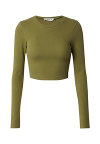 Olivgrünes, geripptes, langärmliges Crop-Top mit rundem Ausschnitt und taillierter Passform. Hergestellt aus weichem, dehnbarem Stoff.
