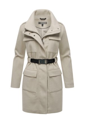 Bež välinejakker, millel on tõmblukk, kõrge krae, mitu esist kotti, must vöö ja pehme tekstuur.