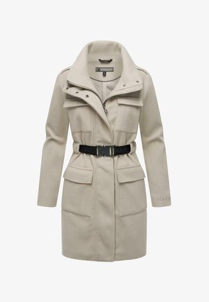 Bež välinejakker, millel on tõmblukk, kõrge krae, mitu esist kotti, must vöö ja pehme tekstuur.