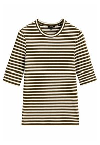 T-shirt à manches courtes rayé en ribbis avec des rayures horizontales alternées marron et blanches, col rond et texture douce.