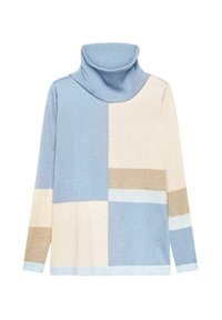 Lightweight, color-blocked turtleneck sweater featuring shades of blue, beige, and gold. Soft texture with ribbed collar and cuffs.