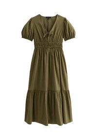 Vestido verde oliva hasta la rodilla con escote en V, mangas abullonadas y cintura fruncida. Presenta una falda acampanada y un detalle de lazo en el escote.