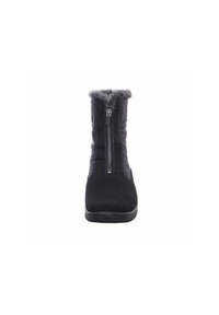 Bottes noires avec fermeture à glissière, design matelassé, doublure en fourrure douce grise en haut et semelle texturée. Finition principalement lisse et mate.