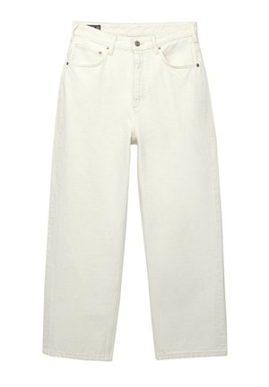 White denim wide-leg jeans with a high waist, five pockets, button closure, and subtle texture, featuring straight, loose-fitting legs.