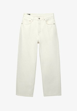 Hvide denim brede ben jeans med høj talje, fem lommer, knaplukning og subtil tekstur, der har lige, løstsiddende ben.