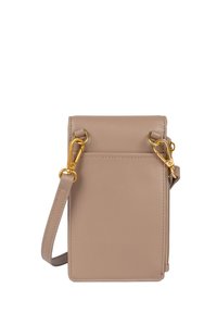 Sac à bandoulière en cuir beige doux. Doté de quincaillerie dorée, d'une bandoulière amovible et d'une fermeture zippée pour un rangement sécurisé. Design simple.