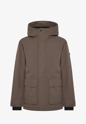 Brown waterproof jacket with a large hood, two front flap pockets, and elastic cuffs. Features a smooth texture and minimalistic design.