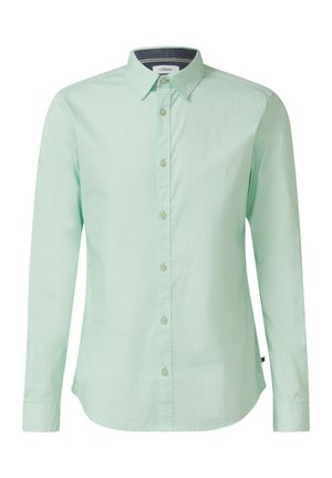 Chemise pour homme manches longues, boutonnée, vert menthe, avec col classique et fines rayures verticales, présentée sur fond blanc.