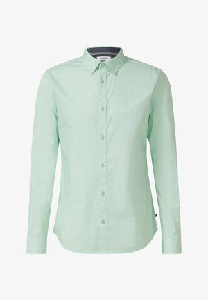 Langärmeliges, mintgrünes Herrenhemd mit Knopfleiste, klassischem Kragen und dezenten vertikalen Streifen, präsentiert vor weißem Hintergrund.