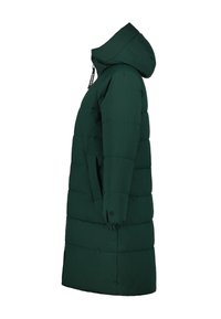 Parka verde acolchada con capucha, que cuenta con bolsillos laterales y puños elásticos. Tela suave con secciones cosidas para aislamiento.