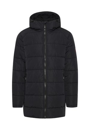 Mustapuffatakki, jossa on huppu, etuvetoketju, tikattu muotoilu, vetoketjulliset sivutaskut ja ribatut hihansuut tuulen suojaamiseksi.