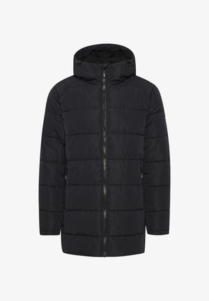 Mustapuffatakki, jossa on huppu, etuvetoketju, tikattu muotoilu, vetoketjulliset sivutaskut ja ribatut hihansuut tuulen suojaamiseksi.