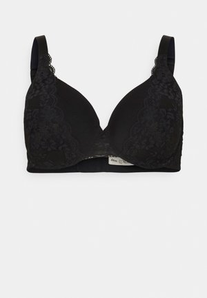 Czarny biustonosz z koronkowymi detalami na miseczkach i regulowanymi ramiączkami. Gładki materiał o dopasowanym, konturowym kształcie. Klasyczny design.