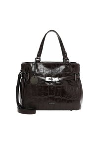 Borsa a tracolla in ecopelle marrone scuro con motivo coccodrillo, hardware metallico e tracolla removibile. Presenta un dettaglio con fibbia e charm.