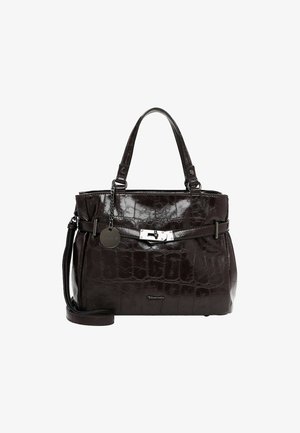 Bolso de mano de imitación cuero marrón oscuro con un patrón de cocodrilo, herrajes metálicos y una correa de hombro desmontable. Presenta un detalle de hebilla y charm.