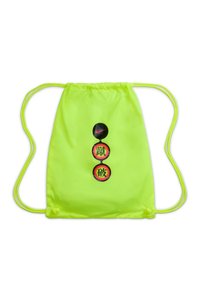 Trekkoordtas in fel neon geel, gemaakt van lichtgewicht stof. Voorzien van drie cirkelvormige grafische ontwerpen en een Nike-logo in contrasterende kleuren.