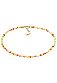 Collar de cuentas colorido que presenta pequeñas cuentas redondas y cuadradas en rojo, amarillo, verde, azul, y algunas perlas blancas, con un broche de oro.