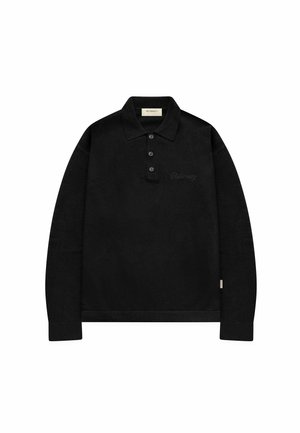 Polo noir à manches longues avec trois boutons, poignets côtelés et "Reternity" brodé sur la poitrine ainsi qu’une étiquette sur le col.