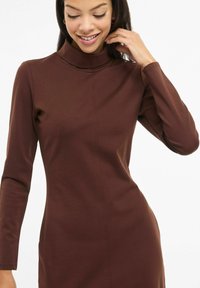 Ruskea mallinnettu poolomekko, joka on valmistettu sileästä, joustavasta kankaasta. Siinä on pitkät hihat ja vartalonmyötäinen siluetti sekä saumatyyppiset yksityiskohdat.