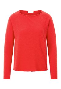Rotes Langarmshirt mit Rundhalsausschnitt und lockerer Passform. Weiches, leichtes Material mit leicht strukturierter Oberfläche. Der Saum hat eine lässige Kante.