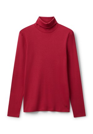 Rode lange mouw turtleneck shirt van gladde stof met klein zwart logo nabij de zoom, gepresenteerd op een witte achtergrond.