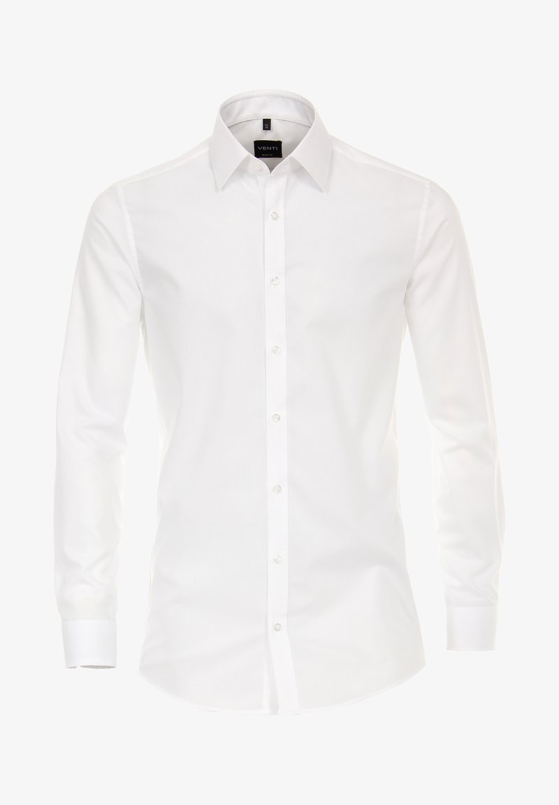 Witte lange mouwen overhemd gemaakt van katoen, met een klassieke kraag, knopen aan de voorkant en een ronde zoom. Gladde textuur, zonder patronen.