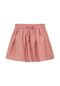 Jupe rose en tissu texturé, avec une taille élastique et un cordon de serrage, et une forme évasée en A. Design léger et décontracté.
