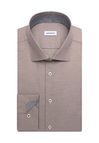 Chemise de ville à manches longues marron clair texturée avec col et poignets intérieurs à motif, fermeture à boutons sur le devant et étiquette de la marque à l’intérieur du col.