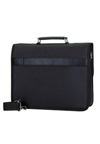 Maletín negro hecho de tela texturizada con forma rectangular plana. Cuenta con una asa superior, correa para el hombro desmontable y acentos lisos.